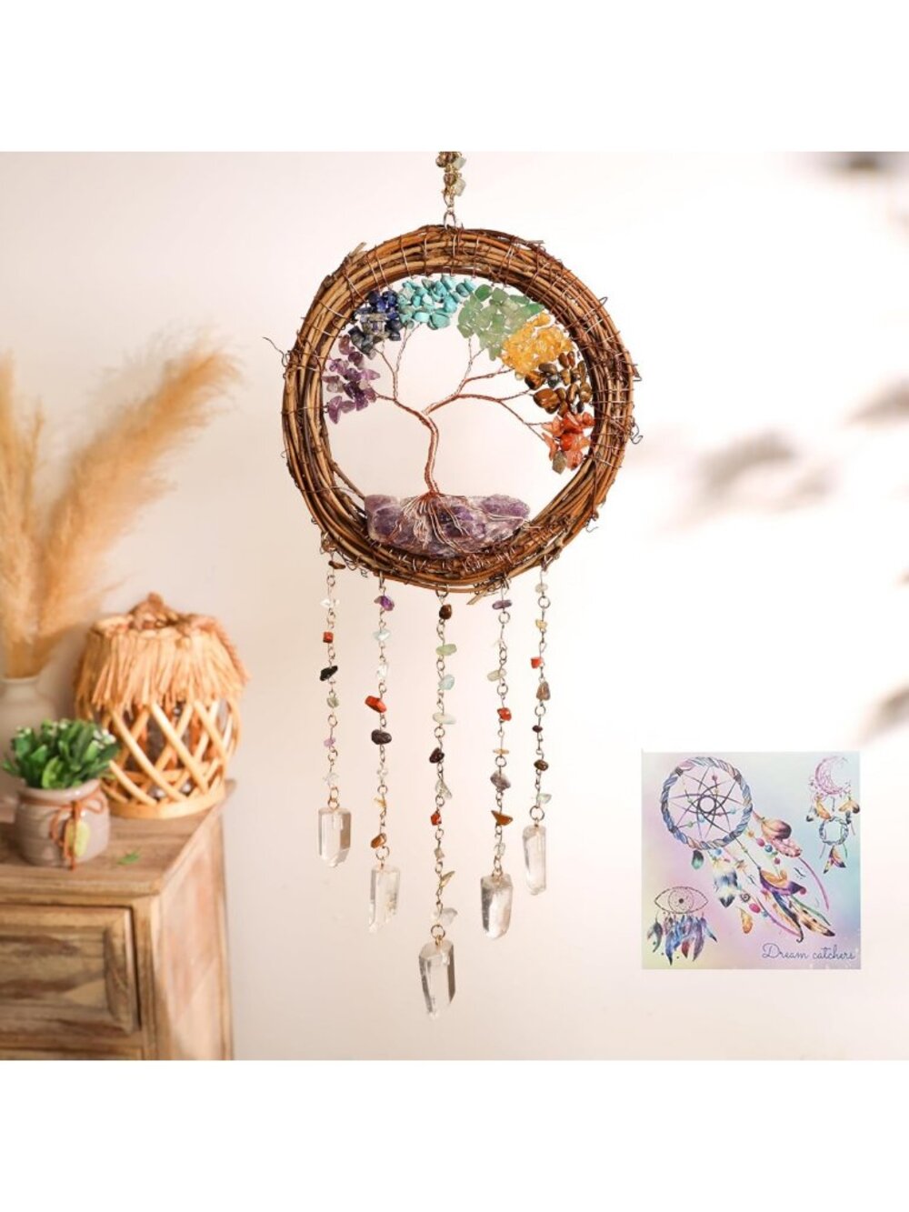 Handmade 7 Chakra Tree of Life Dream Catcher, Boho Rattan Wall Decor, Brown